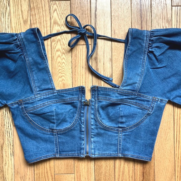 Blue Denim Puff Sleeve Corset Crop Top Front Zip Long Sleeve Milkmaid Coquette - Picture 2 of 7